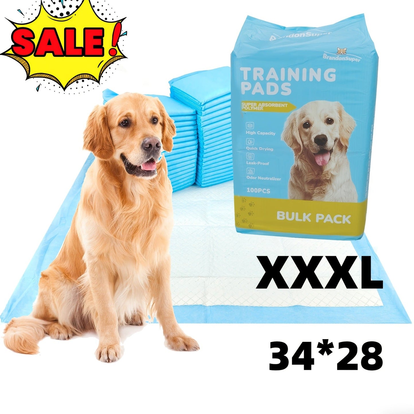 Puppy Pee Pads 100 Count - 6-Layer Super Absorbent Dog Training Pads, Leak-Proof Tear-Resistant Odor Control, 23.6"x23.6" & 34"x28" Large Size, Suitable for Dogs Cats & Multiple Pets