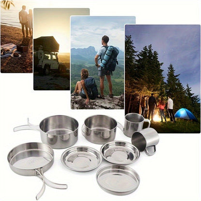 Stainless Steel Camping Cookware Set 8 Piece with Pots Pans Plates Cups and Handles - Lightweight Outdoor Cooking Kit for Camping Hiking Backpacking Open Fire Camp Kitchen Gear