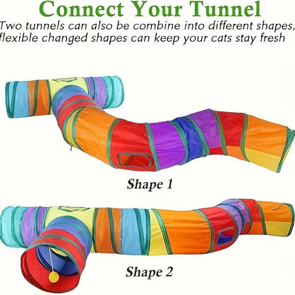 Collapsible Cat Tunnel Toy - Foldable S-Shaped & 3-Way Tube with Ball & Peek Holes, Rainbow Colors, Connectable Cat Play Tunnel for Indoor Cats & Kittens, 1pc or 2-Pack Bundle