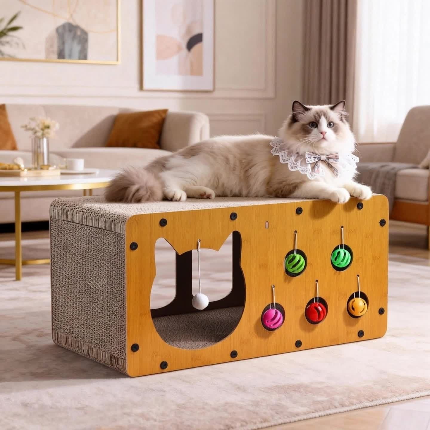 Cat Scratching Board with Interactive Rolling Ball – Multifunctional Cat Furniture for Scratching Playing & Resting, Sturdy Breathable Design, Perfect Cat Toy Gift for Indoor Cats