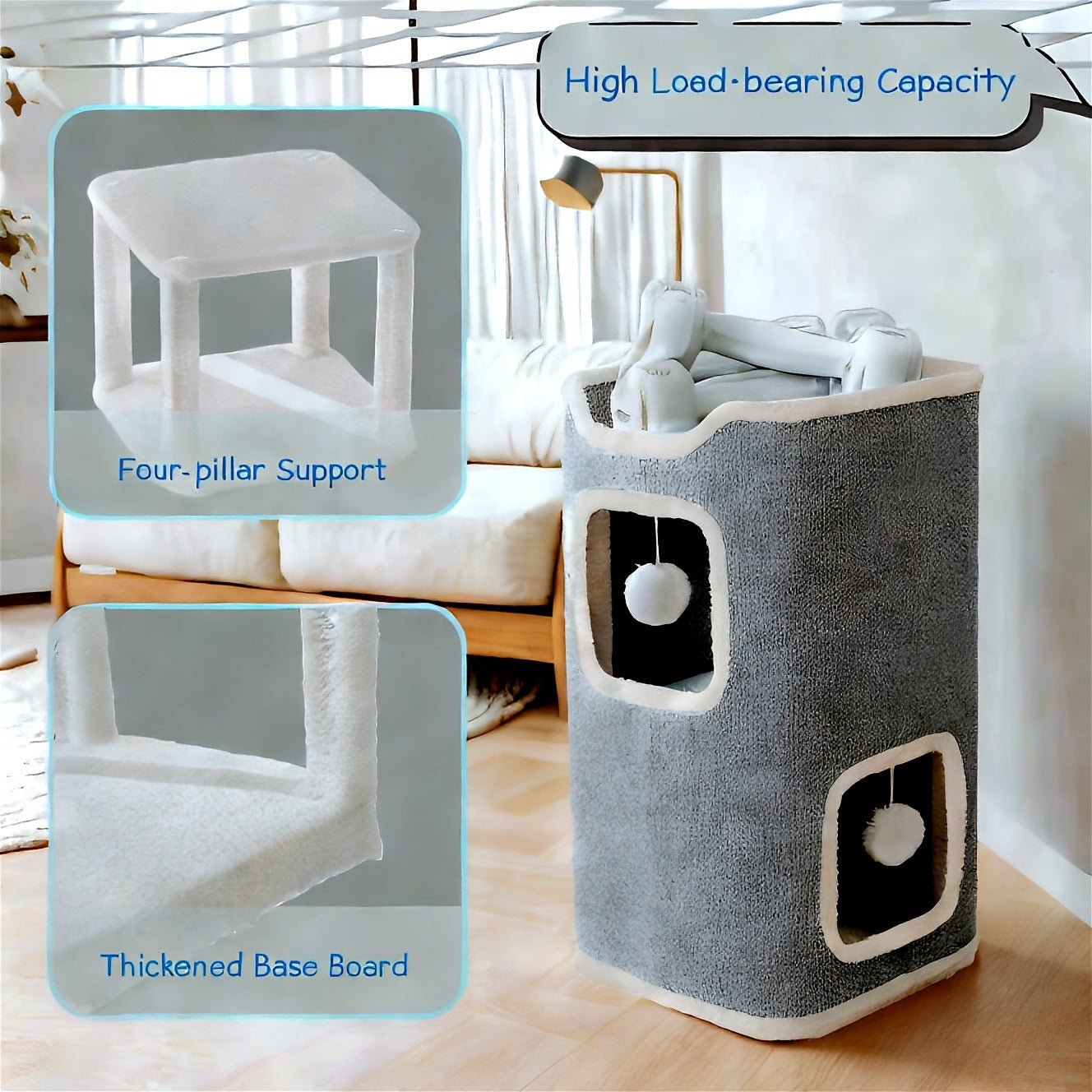 Cat Tree Tower Multi-Level Foldable - Indoor Cat House with Scratch Resistant Post, Soft Top Cat Bed, Cat Hideaway & Bell Ball Toy, 1 2 3 Layer Cat Climbing Tower for Kittens & Adult Cats, Gray