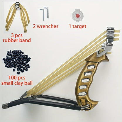 Heavy Duty Metal Slingshot with Wrist Brace – Powerful Hunting Catapult with Rubber Bands & Clay Balls