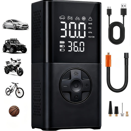 Portable Wireless Tire Inflator Air Compressor Digital Display Fast Pump Lithium Battery for Car Motorcycle Bike Emergency Inflation with Nozzle Adapters