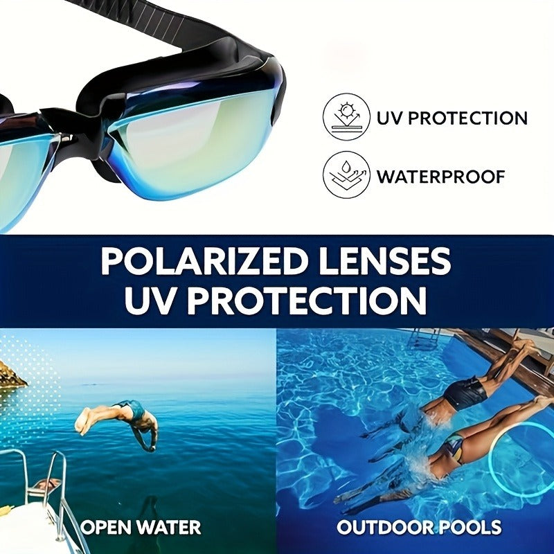 Swim Goggles Set 6pcs – Iridescent Coated PC Lens, UV Protection, Waterproof PU Swim Cap, Nose Clip, Earplugs, Case & Storage Bag for Adult Racing Swimming