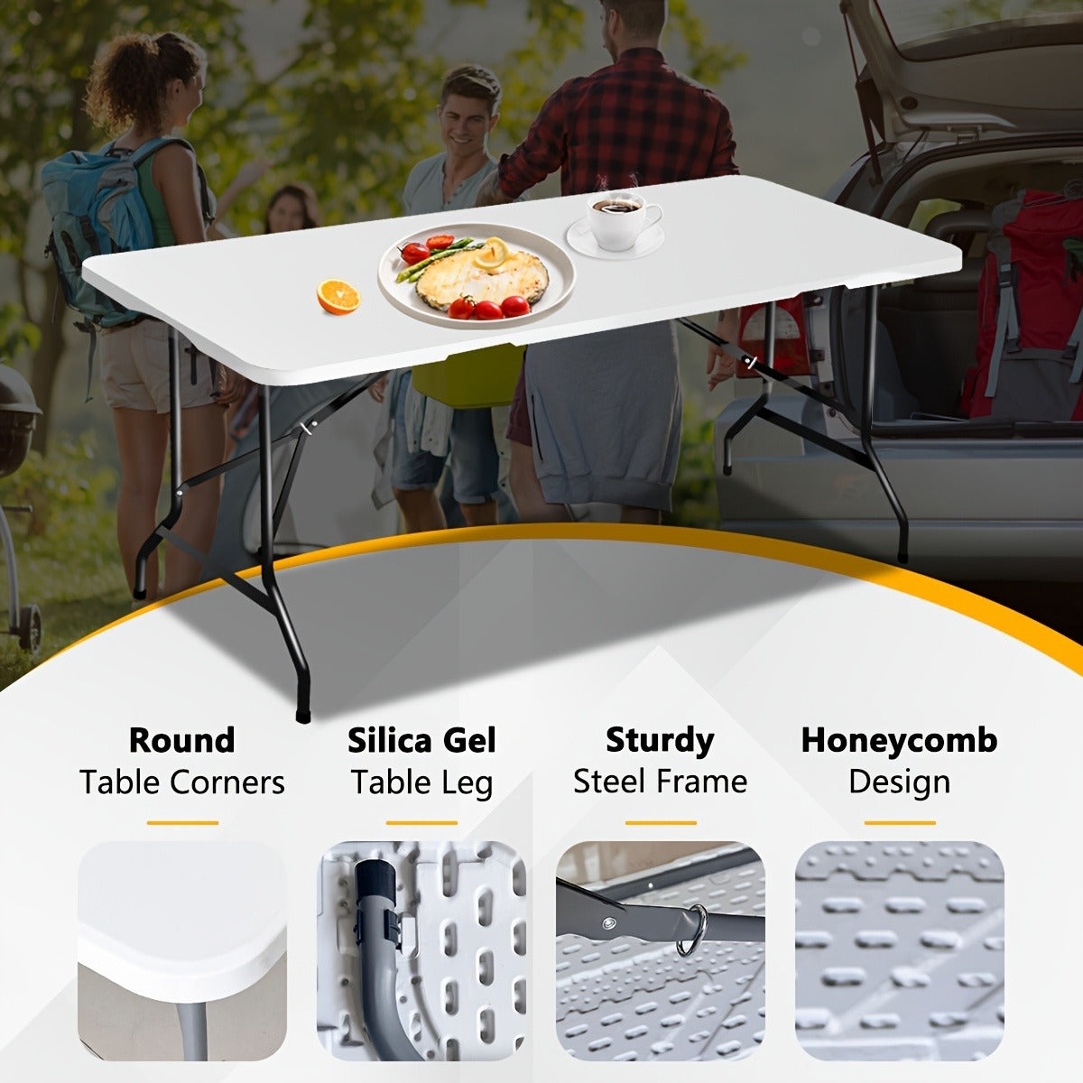 Folding Picnic Table Portable Plastic Camping Table Indoor Outdoor with Carrying Handle Lock 4FT 6FT Lightweight Fold Up Dining Table for Camping Backyard BBQ Party Beach White
