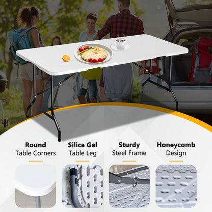 Folding Picnic Table Portable Plastic Camping Table Indoor Outdoor with Carrying Handle Lock 4FT 6FT Lightweight Fold Up Dining Table for Camping Backyard BBQ Party Beach White