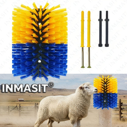 Livestock Grooming Brush Scratcher 8.7" – All-in-One Massage & Itch Relief Tool for Horse, Cow, Goat & Pig | Easy Install with 4 Screws, Battery-Free Stress Reduction, Red/Blue & Yellow/Blue