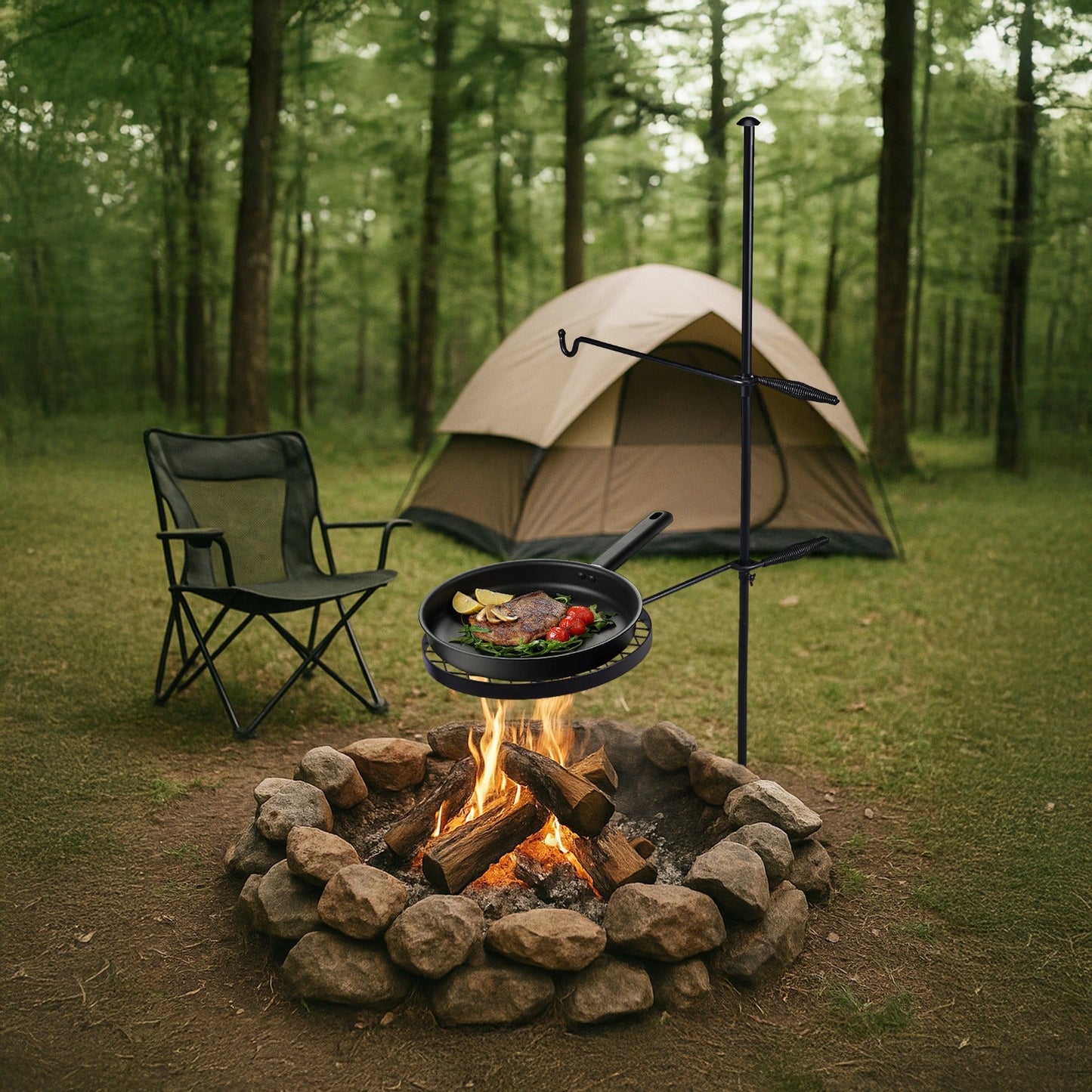 Campfire Grill Grate with Hanging Pole – Height Adjustable, 360° Rotation, 48" Thick Steel Pole, Swivel Grate Ring for Kettle, Dutch Oven & Pan – Portable Open Fire Cooking Grill for Camping & Outdoor