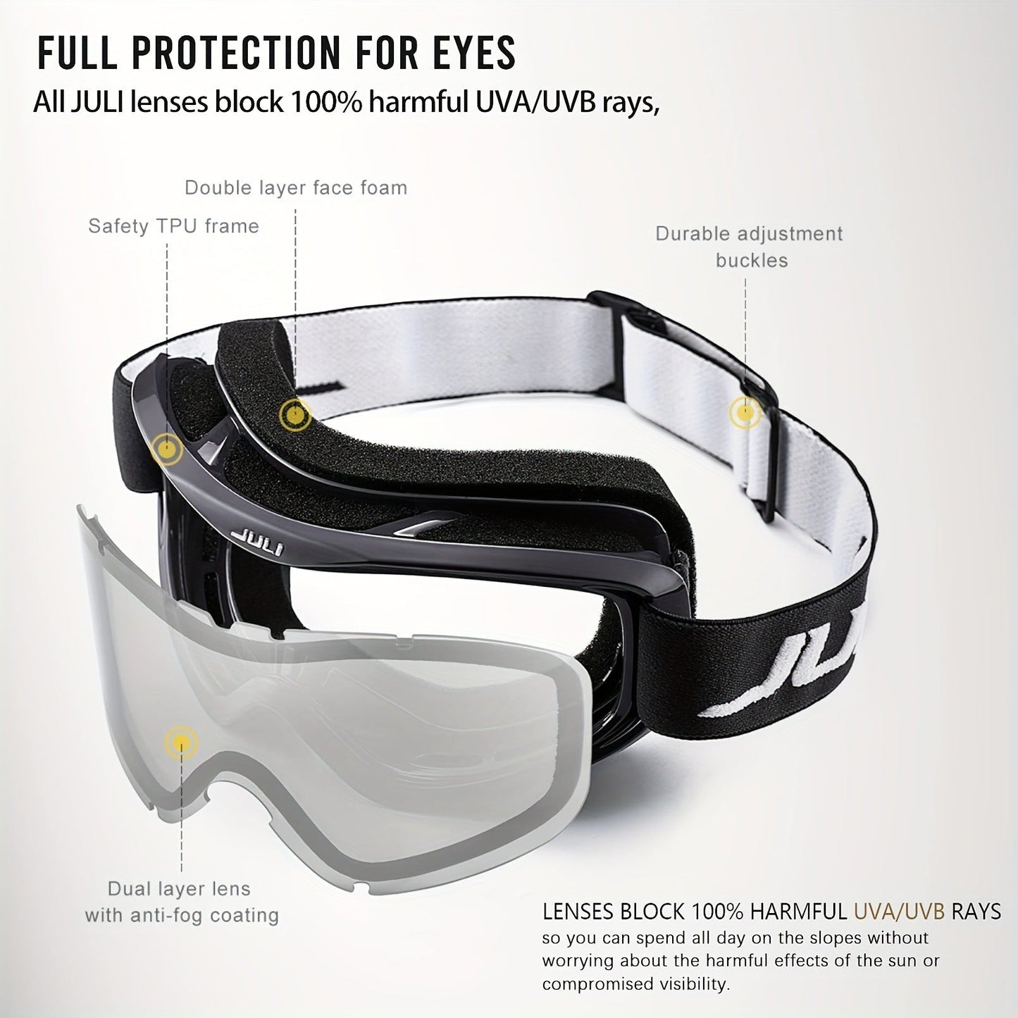 OTG Ski Goggles Double Layer Lens VLT12% – Over-the-Glasses Snow Goggles for Men, Women & Teens, Anti-Fog UV Protection for Alpine Skiing, Snowboarding, Skating & Snowmobile, Black/Silver
