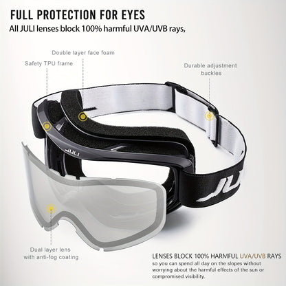 OTG Ski Goggles Double Layer Lens VLT12% – Over-the-Glasses Snow Goggles for Men, Women & Teens, Anti-Fog UV Protection for Alpine Skiing, Snowboarding, Skating & Snowmobile, Black/Silver