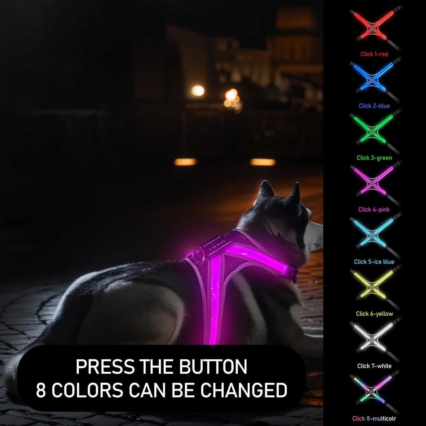 LED Dog Safety Vest USB Rechargeable 8 Color Flashing Light Night Visibility Harness for Medium Large Dogs Reflective Pet Walking Vest