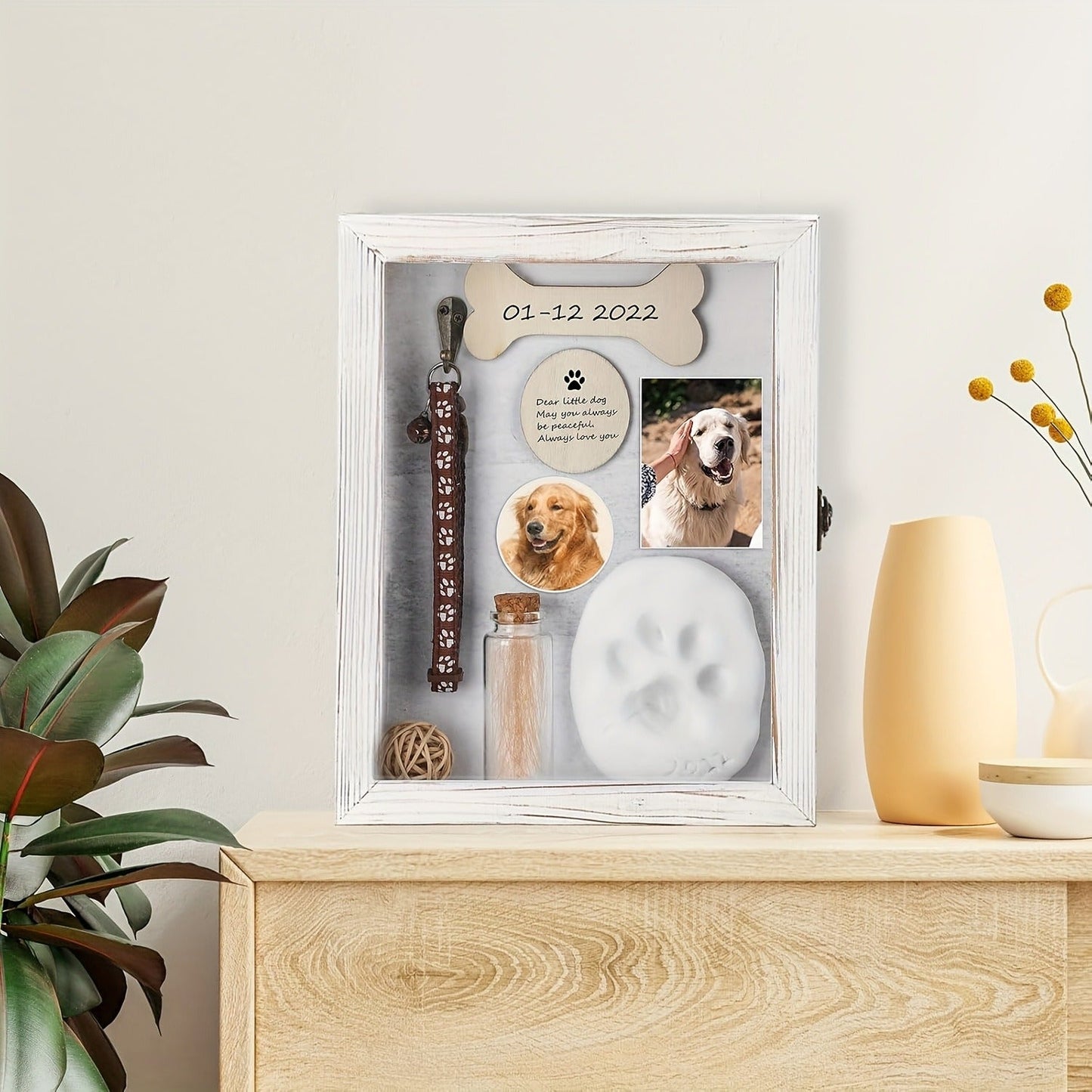 Pet Memorial Shadow Box 8x10 Wood Frame Display Case with Paw Print Kit Small Bottle & Pins, Dog Cat Urn Ashes Keepsake Box for Loss Pet Remembrance Memory Gift, 1 Set
