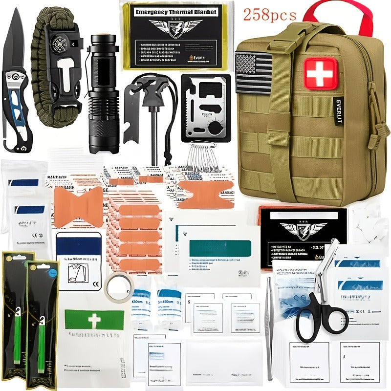 Outdoor Survival Gear Set 11/13/258-Piece – Professional Emergency Kit with Fire Starter & Compass | Multi-Tool Outdoor Equipment for Camping, Hiking & Adventure