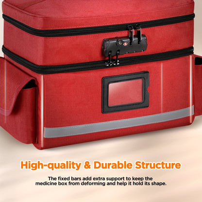 Lockable Medicine Organizer Bag with Combination Lock, Double-Layer Large Capacity Pill Bottle Storage Case for Prescription Bottles First Aid Supplies Home Travel, Portable Medication Carry Bag Red Grey Black