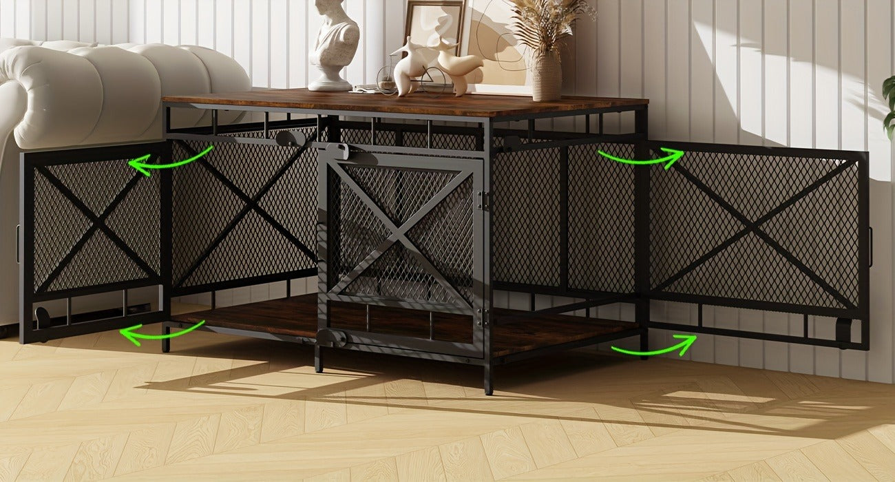 Dog Crate Furniture 43 Inch Corner Indoor Kennel, Heavy Duty Engineered Wood Dog Cage with Side Door for Large Medium Breeds, Vintage Style Pet Crate End Table