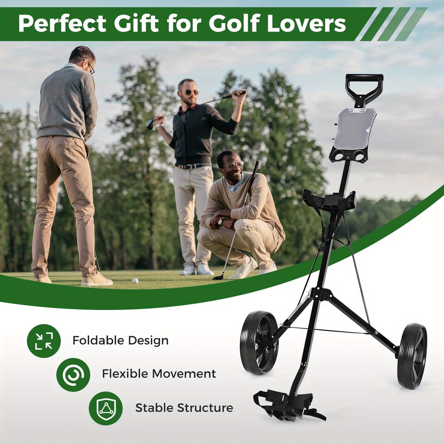 Foldable 2 Wheel Golf Push Cart Trolley with Scoreboard - Lightweight Steel Frame Pull Cart with Adjustable Handle, Score Counter, Ball & Tee Holder, Easy Fold Design for Golf Course & Club Transport
