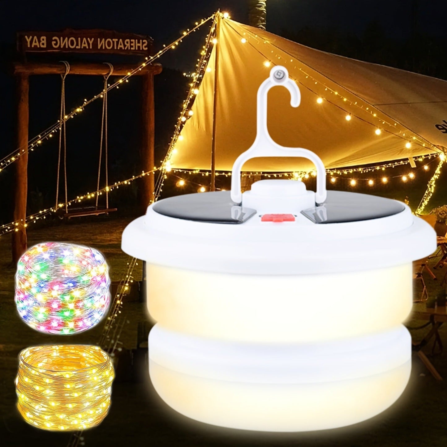 Solar Camping Lantern with Retractable String Lights – 2-in-1 LED Tent Light, 6 Modes, USB-C & Solar Rechargeable, Hand Crank, 10M String Lights, Portable Outdoor Camping Light for Camping, Patio & Emergency