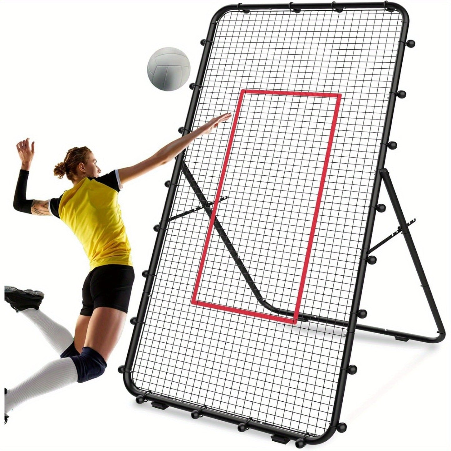 Volleyball Rebounder Net 7x4ft Adjustable Angle – Portable Steel Frame Training Rebounder with High-Tension PE Netting & 24 Elastic Cords for Volleying Bumping Spiking Practice – Solo & Team Drills