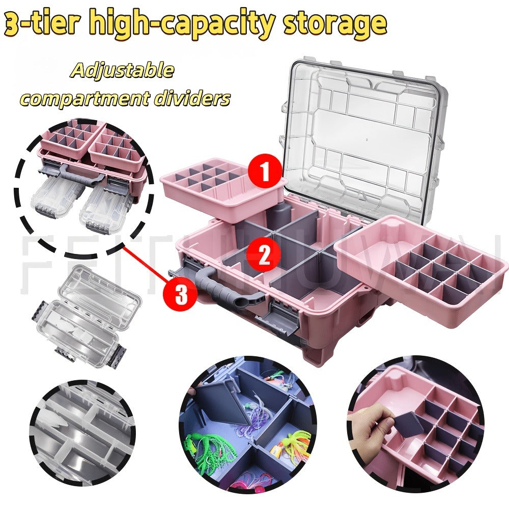 Fishing Tackle Box with Adjustable Dividers & Handle - Multi-Layer Large Capacity Portable Lure Storage Organizer for Hooks, Baits & Accessories - Waterproof Fishing Gear Box for Bass, Kayak & Outdoor Fishing