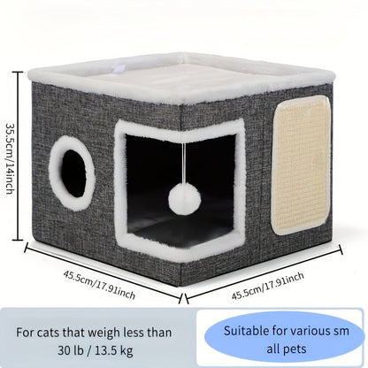 Multi-Tier Cat House & Indoor Cat Cube Bed - Foldable 2-Level Cat Tree with Scratching Post, Toy Tunnel & Plush Hanging Ball, Space-Saving Nylon Canvas Cat Furniture 16.5x16.5x13in for Small Spaces