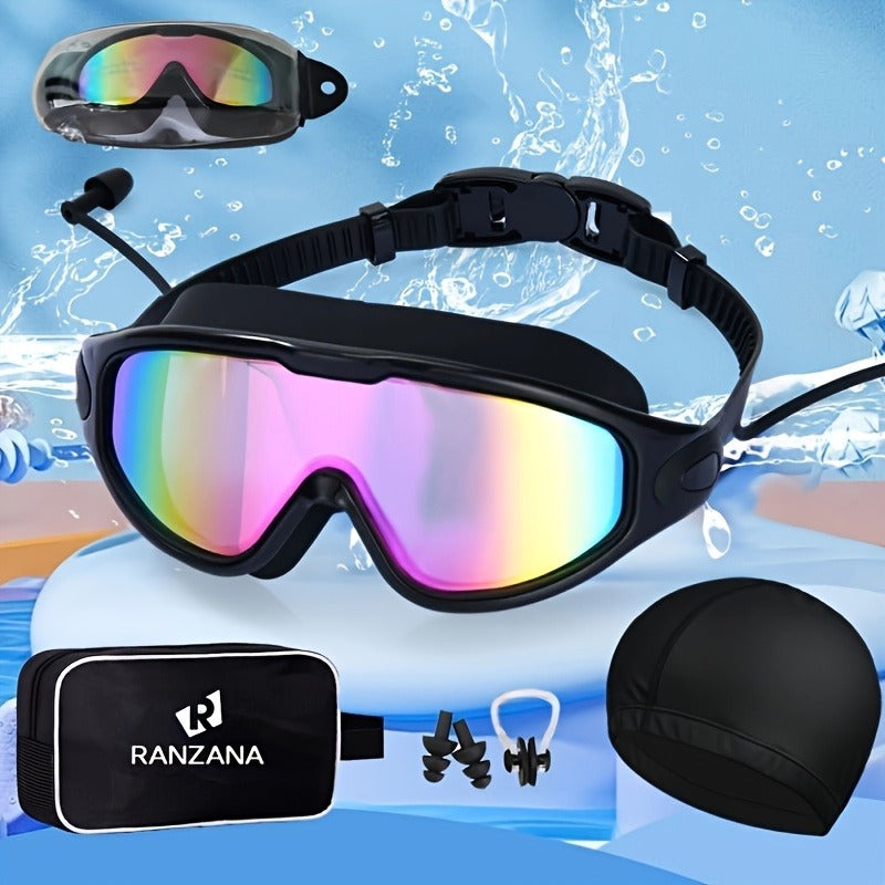 Swimming Goggles Set 6-in-1 with Case & Waterproof Bag - UV Protection Iridescent Coated PC Lens, Silicone Strap, PU Swim Cap, Nose Clip & Earplugs Included, Wide View Swim Goggles for Adults & Youth