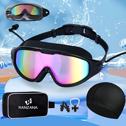 Swimming Goggles Set 6-in-1 with Case & Waterproof Bag - UV Protection Iridescent Coated PC Lens, Silicone Strap, PU Swim Cap, Nose Clip & Earplugs Included, Wide View Swim Goggles for Adults & Youth