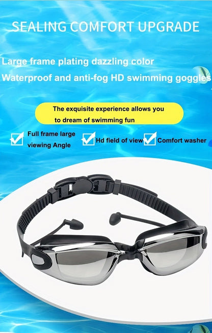 Anti-Fog Racing Swim Goggles Set 6-in-1 - HD UV Protection Silver Coated PC Lens, Waterproof PU Swim Cap, Nose Clip, Earplugs, Goggle Case & Storage Bag for Adult Men Women Pool Training Competition
