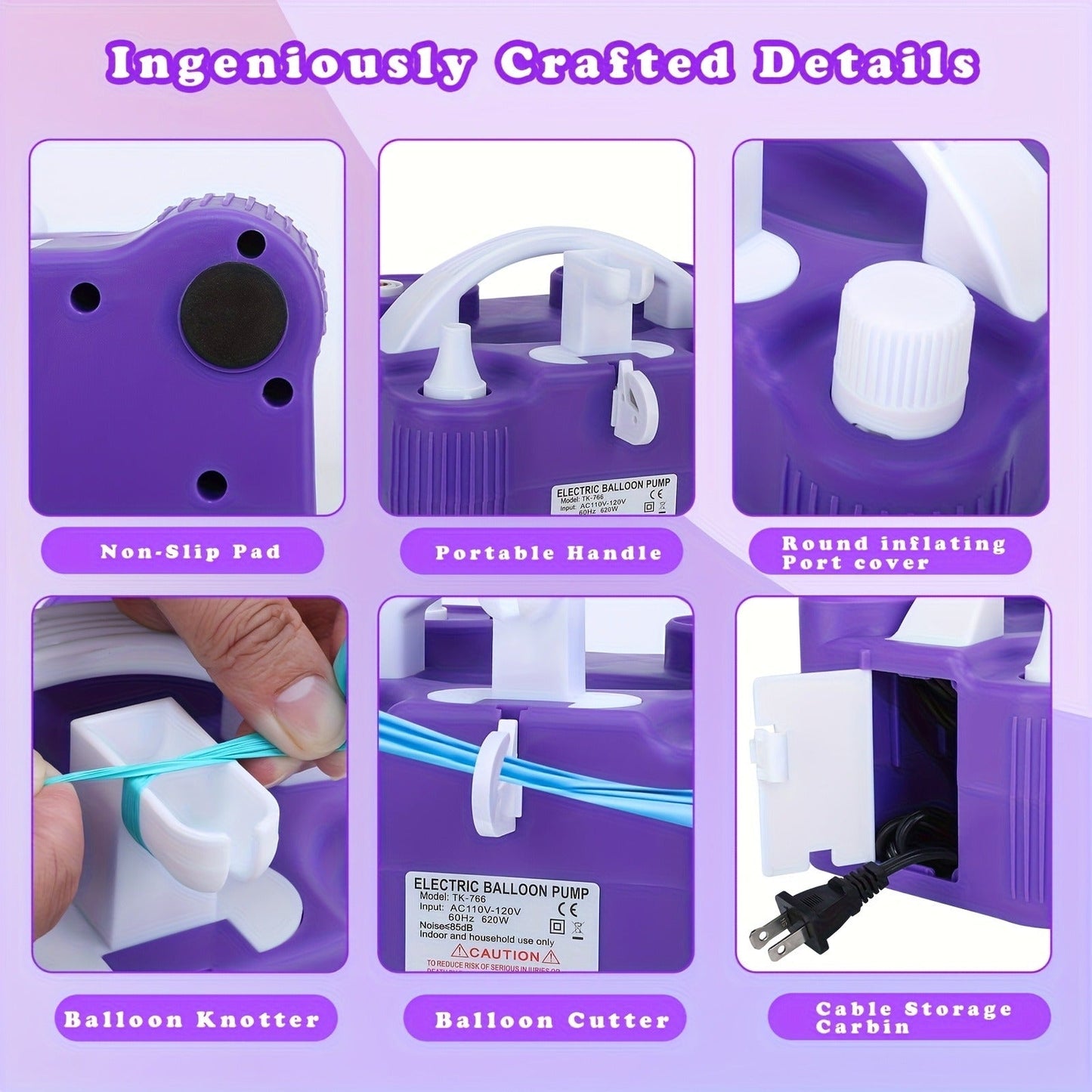 Electric Balloon Pump 3-in-1 Triple Inflating Ports | Fast Air Inflator Deflator for Latex Foil 260Q Balloons Swimming Rings Air Mattress | Portable Electric Balloon Inflator Purple Green