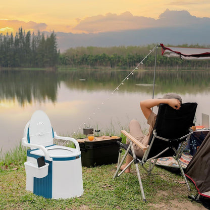 Portable Camping Toilet with Backrest – 350lb Capacity, 6-8 Gal Detachable Bucket, Anti-Slip Base, Built-in TP Holder & Phone Shelf – Lightweight Commode for RV, Boat, Travel & Medical Use