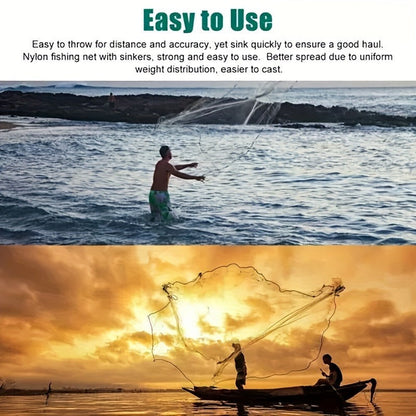 Throw Cast Net 8FT 10FT Transparent Thread Nylon Mesh 3/8in, Galvanized Zinc Sinkers 26ft PE Braid Hand Line No-Ring Design for Shrimp Bait Trapping Pond River Saltwater Fishing