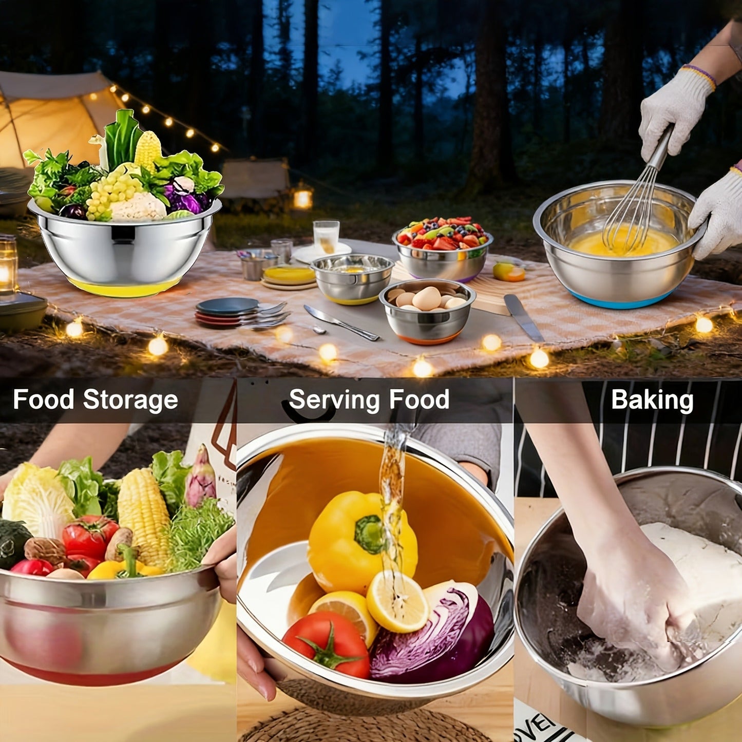 Stainless Steel Mixing Bowls Set with Airtight Lids 7 Piece, Stackable Nesting Bowls with Measuring Spoons Whisk Spatula Tongs Basting Brush, Dishwasher Safe Kitchen Bowls for Cooking Baking Camping Travel