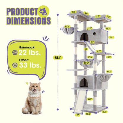 Cat Tree Tower Multi-Level for Indoor Cats - Cat Furniture with Sisal Scratching Posts, Plush Perches, Hammock, Basket & Corner Condo Cave, Hanging Toys & Climbing Ramp, Multiple Sizes & Colors