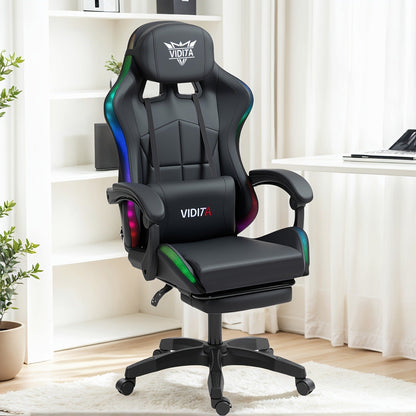 RGB Gaming Chair with LED Lights Footrest Ergonomic Gaming Chair with Massage Lumbar Support Reclining Video Game Chair for Adults Home Office Computer Chair with USB RGB Lighting