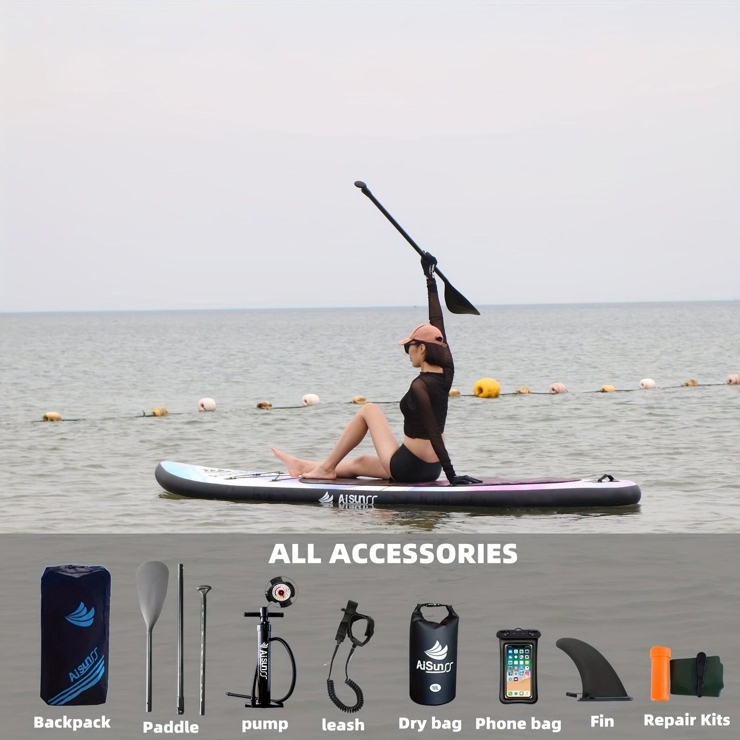 Wide SUP Board Inflatable Paddle Board – Carry Bag, Hand Pump, Water Bag & Adjustable Paddle Included | AISUNSS Adults All Skill Levels