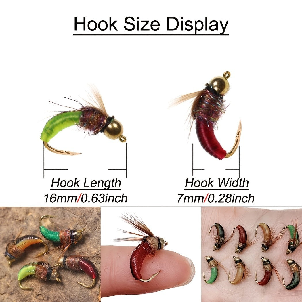 Trout Fly Fishing Flies Kit 24pcs - Brass Bead Head Caddis Nymph Lures Mixed Styles with Tackle Box, High Carbon Steel #10 Hooks for Bass Bluegill Trout Freshwater