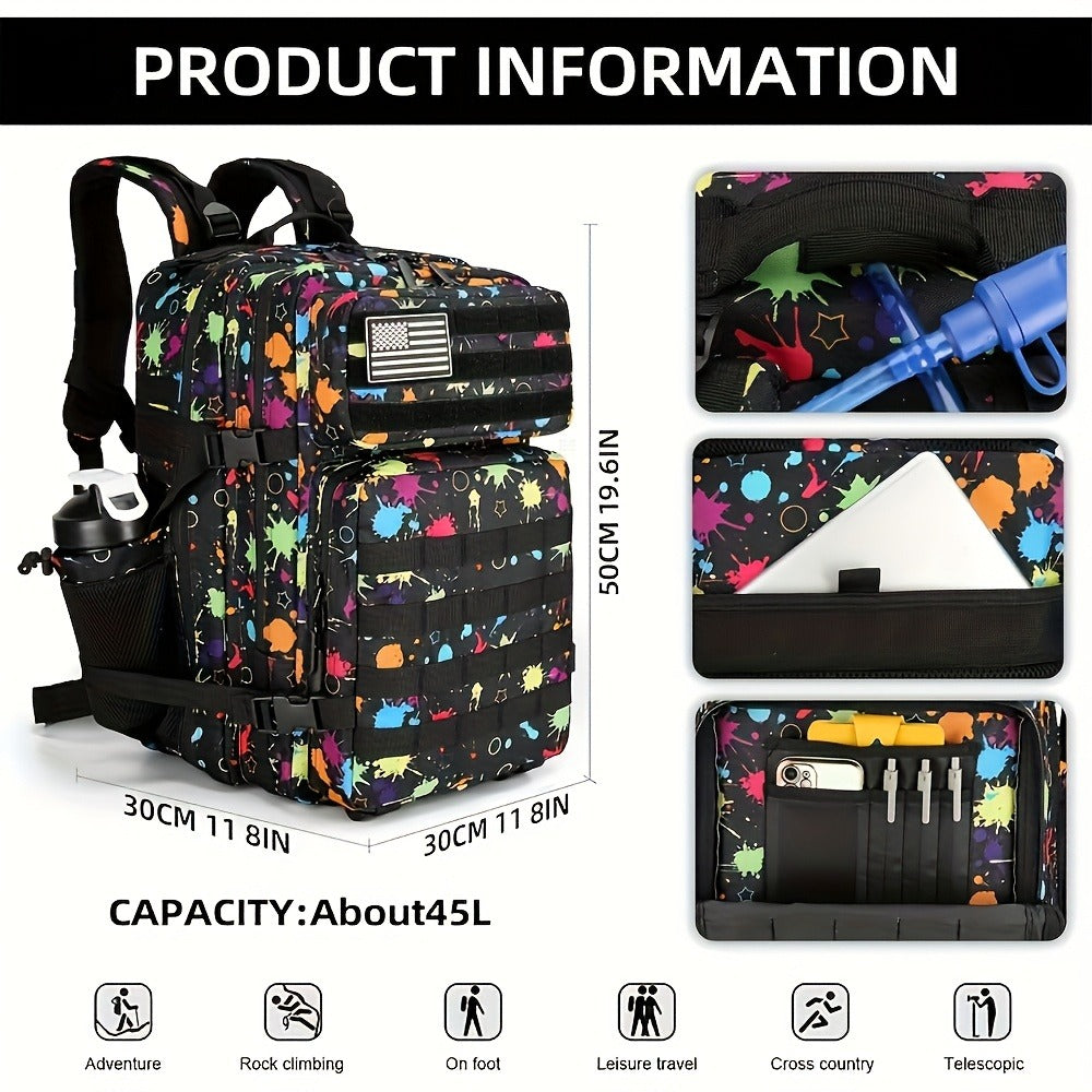 Large Hiking Backpack 45L Fluorescent Tie Dye – Lightweight Daypack for Camping, Travel, Cycling, Fitness & School, Colorful Outdoor Sports Rucksack, Birthday & Christmas Gift Idea
