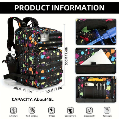 Large Hiking Backpack 45L Fluorescent Tie Dye – Lightweight Daypack for Camping, Travel, Cycling, Fitness & School, Colorful Outdoor Sports Rucksack, Birthday & Christmas Gift Idea