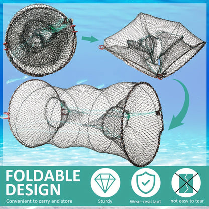 Collapsible Fishing Trap Net 4 Pack - Crab Crawfish Minnow Lobster Shrimp Bait Cage with 49ft Rope, 12x24 Inch Foldable Fish Trap, Durable PA Nylon, Portable Freshwater Saltwater Fishing Gear