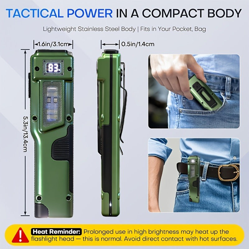 Tactical LED Flashlight EDC Flat Design - 3000 Lumen Rechargeable Torch, 8 Modes UV Light, Aluminum Body, Digital Display, 100M Range for Camping, Hiking & Emergency