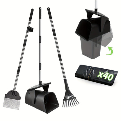 Dog Pooper Scooper with Long Handle & Swivel Bin - Heavy Duty Rake Spade Set, 40 Waste Bags Included, Pet Waste Removal for Yard Grass Gravel