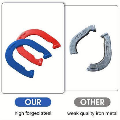 Horseshoes Game Set Heavy Duty – 4 Forged Steel Horse Shoes & 2 Stakes, 1.2lb Each, Red & Blue – Outdoor Lawn Game for Adults & Family, Backyard, Beach & Party