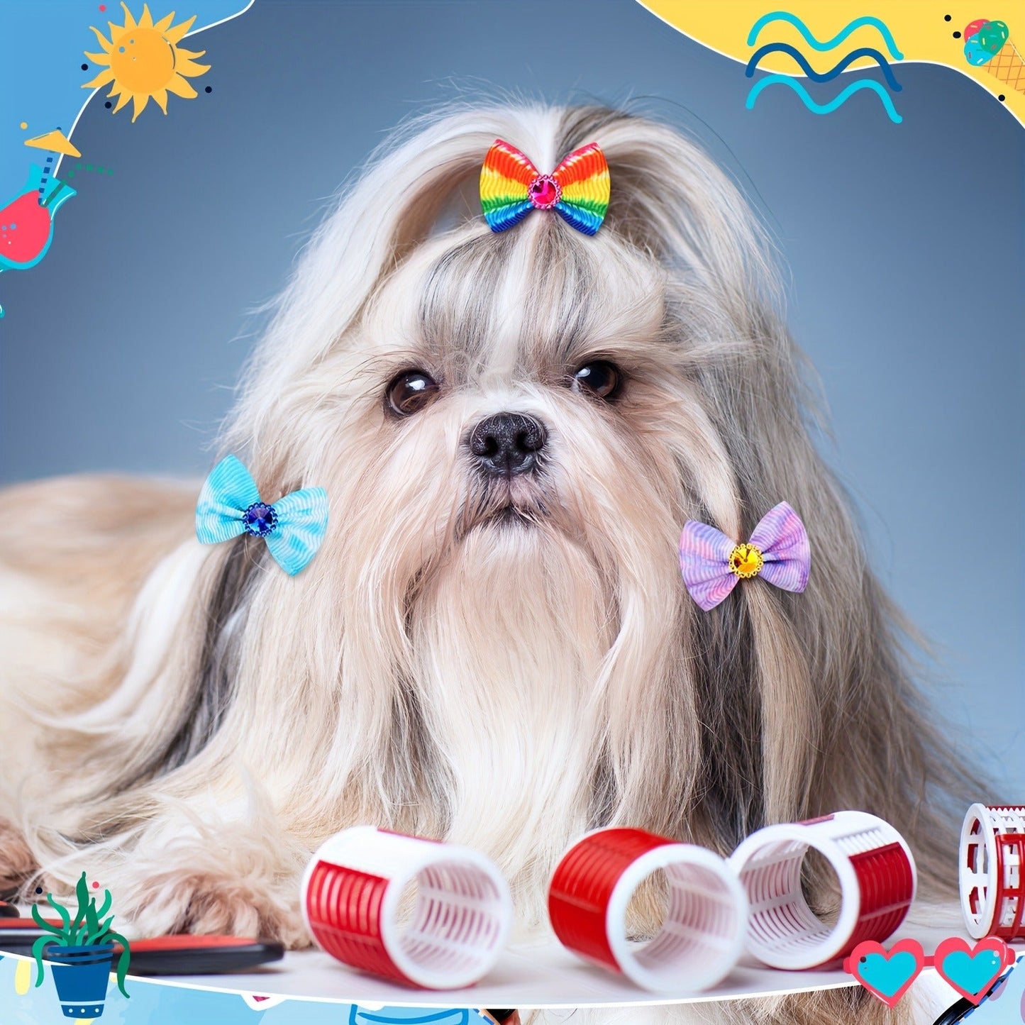 Dog Hair Bows 100 Pack Tie Dye Rhinestone Puppy Grooming Accessories with Rubber Bands – Colorful Spring Dog Topknot Bows for Small Dogs, Cats & Grooming Salons, Bulk Hair Bow Set
