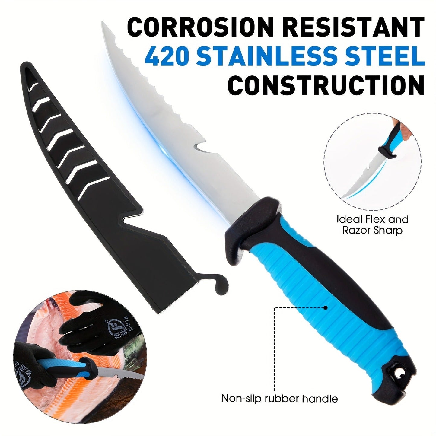 Fishing Tool Kit 10-Piece – Fishing Pliers with Lanyard & Sheath, Landing Net, Fillet Knife, Fish Scale, Gripper, Hook Remover, Braid Scissors & Gloves, Complete Angler Gift Set (Blue)