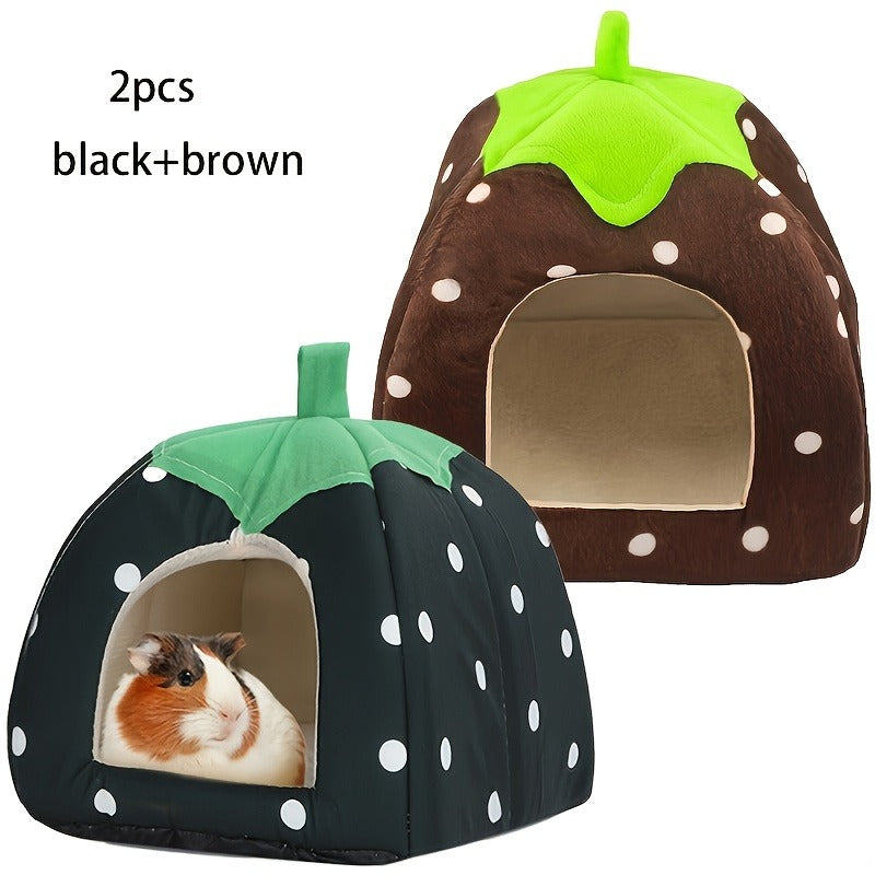 Small Animal Hideaway Bed 2pcs – Strawberry Plush Hideout for Guinea Pigs, Hamsters & Rabbits, Semi-Enclosed Warm Nest with Leaf Design, Washable, Multiple Color Options