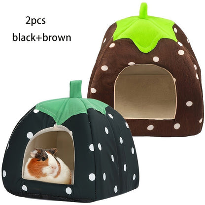 Small Animal Hideaway Bed 2pcs – Strawberry Plush Hideout for Guinea Pigs, Hamsters & Rabbits, Semi-Enclosed Warm Nest with Leaf Design, Washable, Multiple Color Options