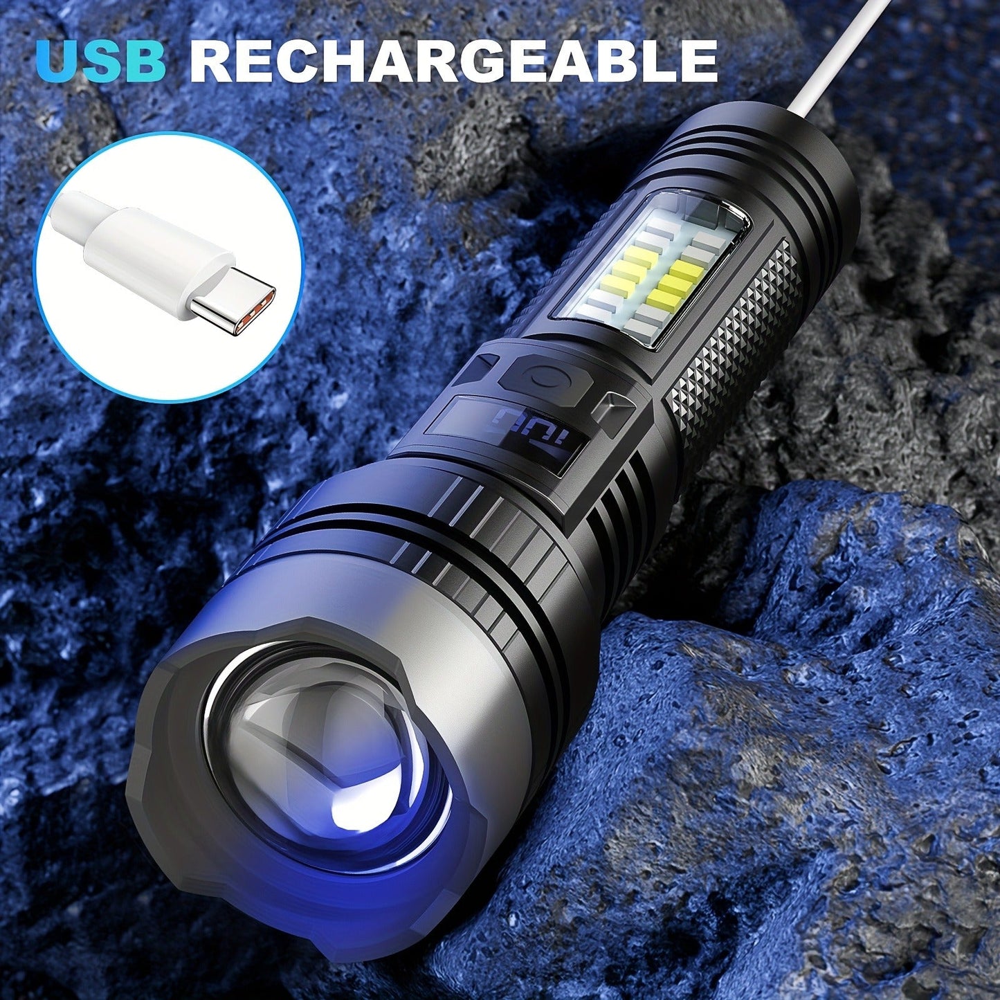 Rechargeable LED Flashlight 2000 Lumens – 2 Pack, 5 Modes, COB Side Light, 200M Beam Range, USB-C Charging, Durable ABS Torch for Camping Emergency Outdoor Use