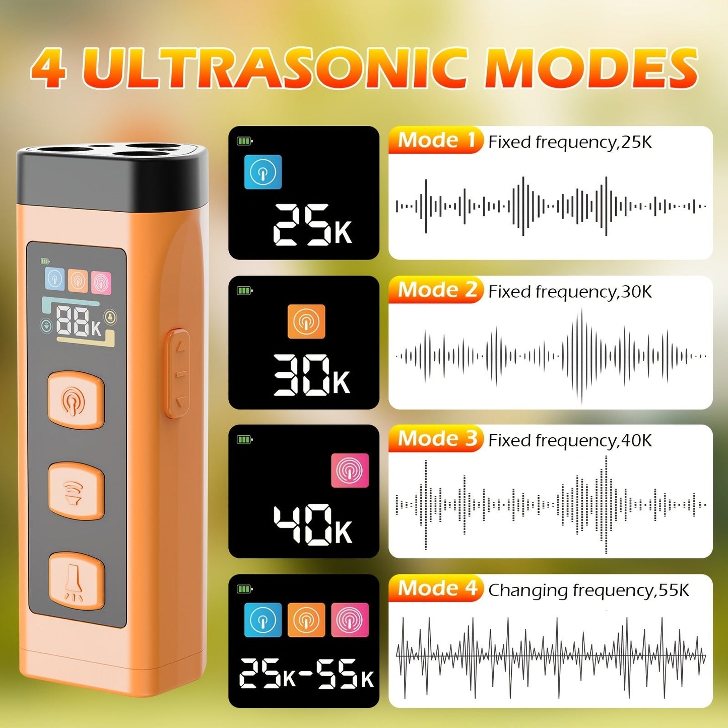 65ft Long-Range Dog Repeller - Triple-Head Ultrasonic Bark Deterrent, Powerful Soundwave Technology, USB Rechargeable Portable Handheld Anti-Barking Device, Dog Behavior Training Tool, Orange