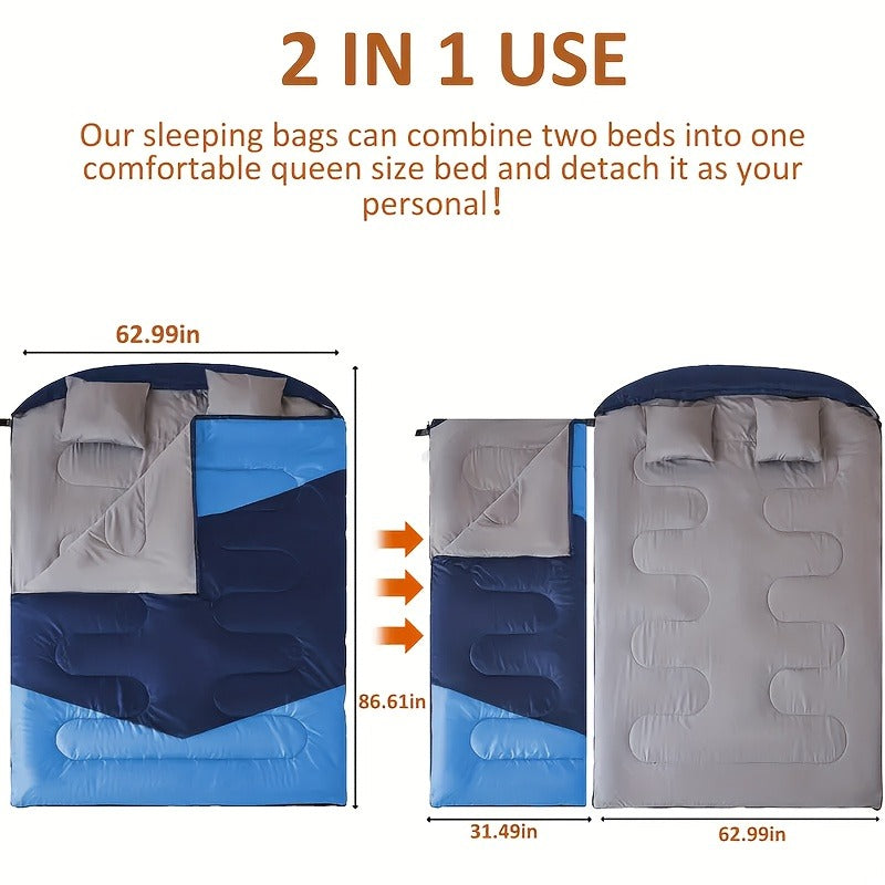 Double Sleeping Bag XL with Pillow for Two Adults – 2-Person Couple Sleeping Bag for Year-Round Camping, Hiking & Backpacking in Cold & Warm Weather, 90.6x61 Inch