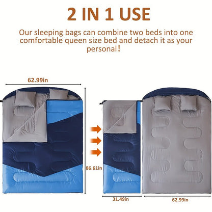Double Sleeping Bag XL with Pillow for Two Adults – 2-Person Couple Sleeping Bag for Year-Round Camping, Hiking & Backpacking in Cold & Warm Weather, 90.6x61 Inch