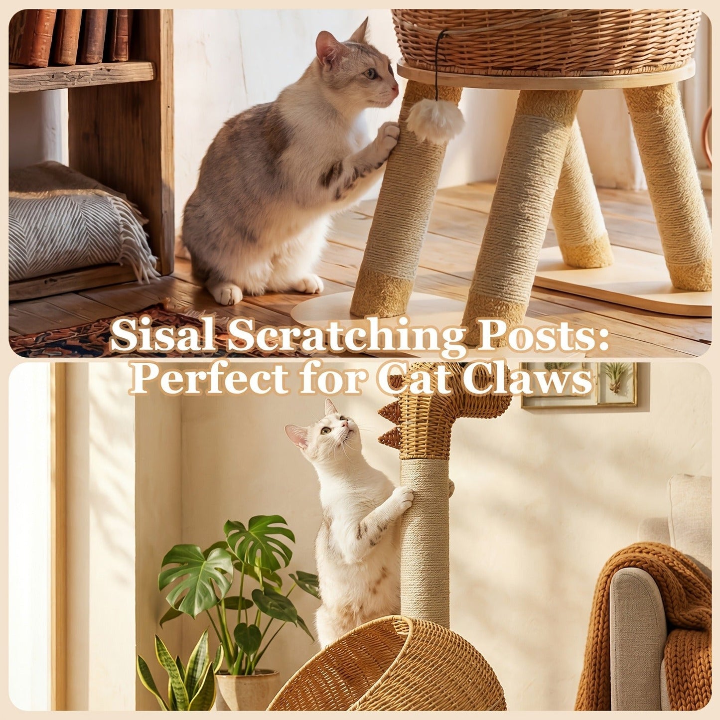 Dinosaur Cat Tree Tower 46 Inch – Large Rattan Cat House with 4 Sisal Scratching Posts, Wicker Bed & Removable Mat, Multi-Level Platform for Large Indoor Cats, Maine Coon Friendly, Brown